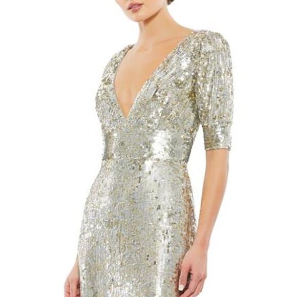 Mac Duggal Platinum Gold Silver Sequined V Neck Gown Dress Size 10 NWT - Picture 3 of 12